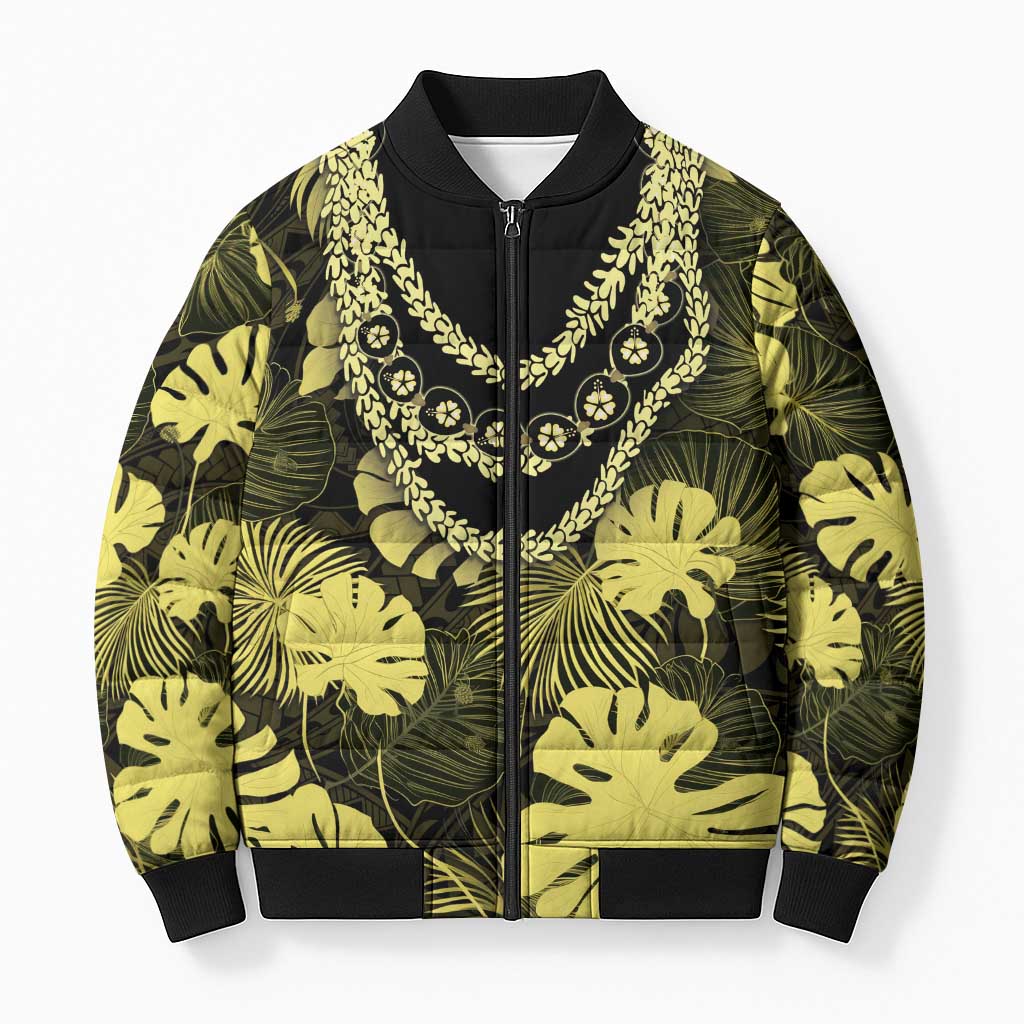 Yellow Hawaii Kukui Nut Lei Bomber Puffer Jacket Hawaiian Pattern Monstera Tropical Vibes - Polynesian Pride