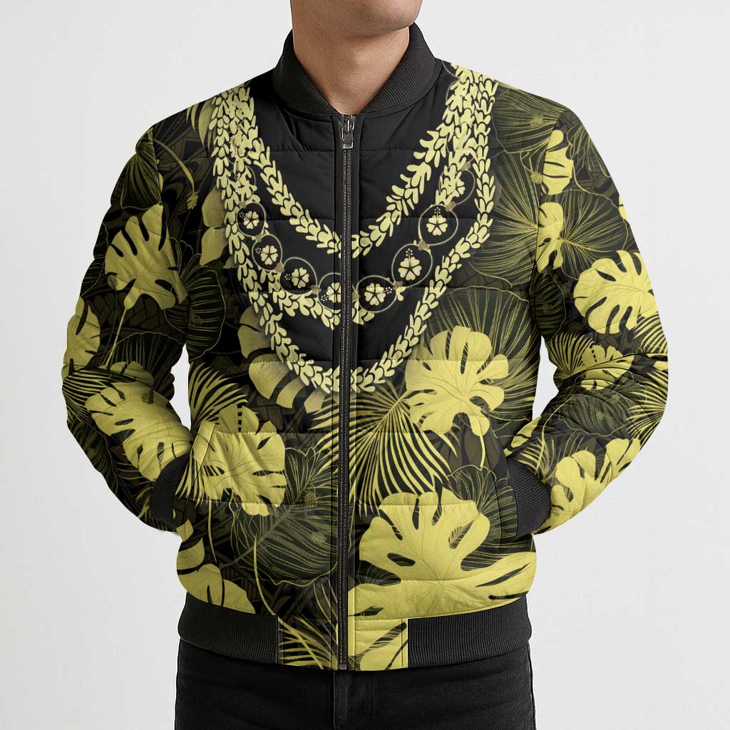 Yellow Hawaii Kukui Nut Lei Bomber Puffer Jacket Hawaiian Pattern Monstera Tropical Vibes - Polynesian Pride