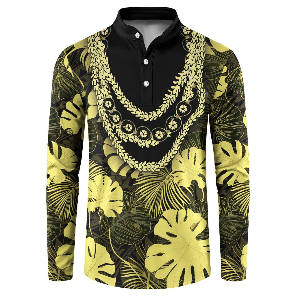 Yellow Hawaii Kukui Nut Lei Button Sweatshirt Hawaiian Pattern Monstera Tropical Vibes - Polynesian Pride