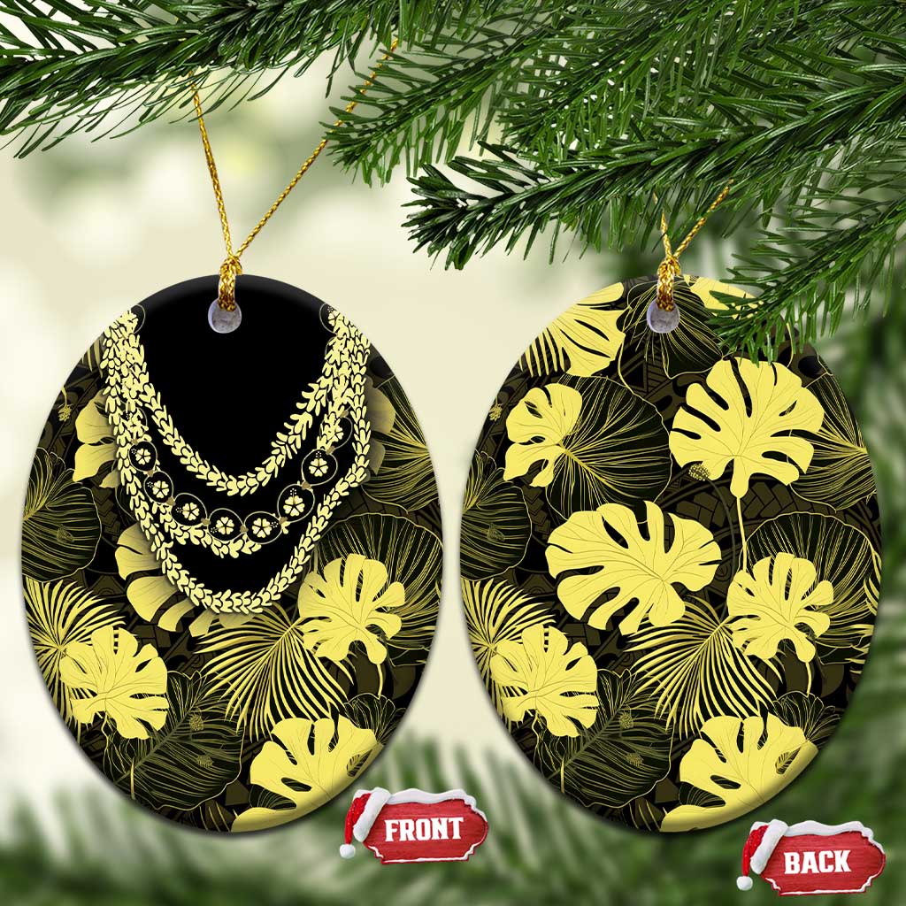 Yellow Hawaii Kukui Nut Lei Ceramic Ornament Hawaiian Pattern Monstera Tropical Vibes - Polynesian Pride