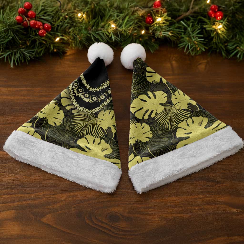 Yellow Hawaii Kukui Nut Lei Christmas Santa Hat Hawaiian Pattern Monstera Tropical Vibes - Polynesian Pride