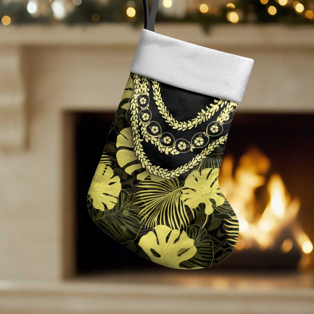 Yellow Hawaii Kukui Nut Lei Christmas Stocking Hawaiian Pattern Monstera Tropical Vibes - Polynesian Pride
