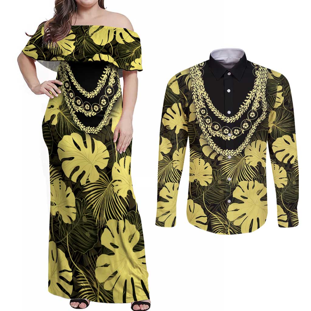 Yellow Hawaii Kukui Nut Lei Couples Matching Off Shoulder Maxi Dress and Long Sleeve Button Shirt Hawaiian Pattern Monstera Tropical Vibes - Polynesian Pride