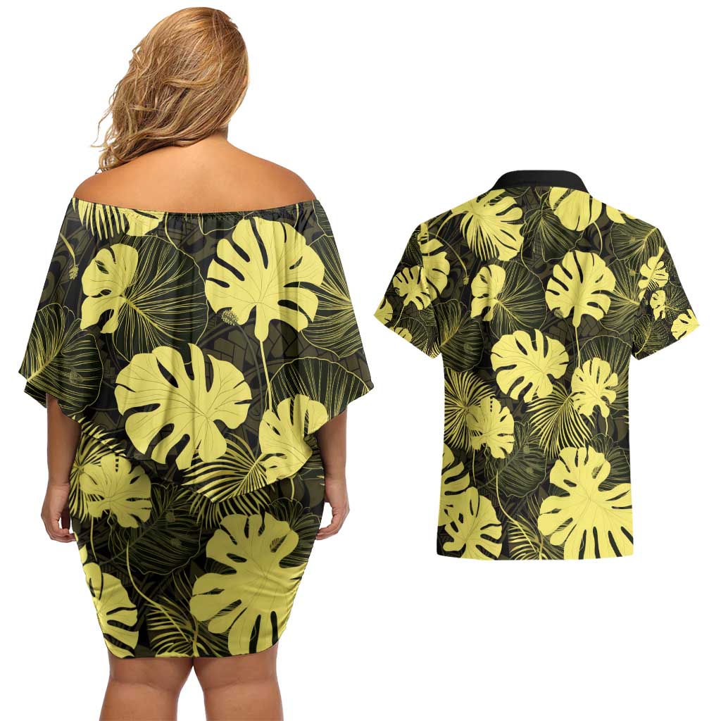Yellow Hawaii Kukui Nut Lei Couples Matching Off Shoulder Short Dress and Hawaiian Shirt Hawaiian Pattern Monstera Tropical Vibes - Polynesian Pride