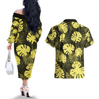 Yellow Hawaii Kukui Nut Lei Couples Matching Off The Shoulder Long Sleeve Dress and Hawaiian Shirt Hawaiian Pattern Monstera Tropical Vibes - Polynesian Pride