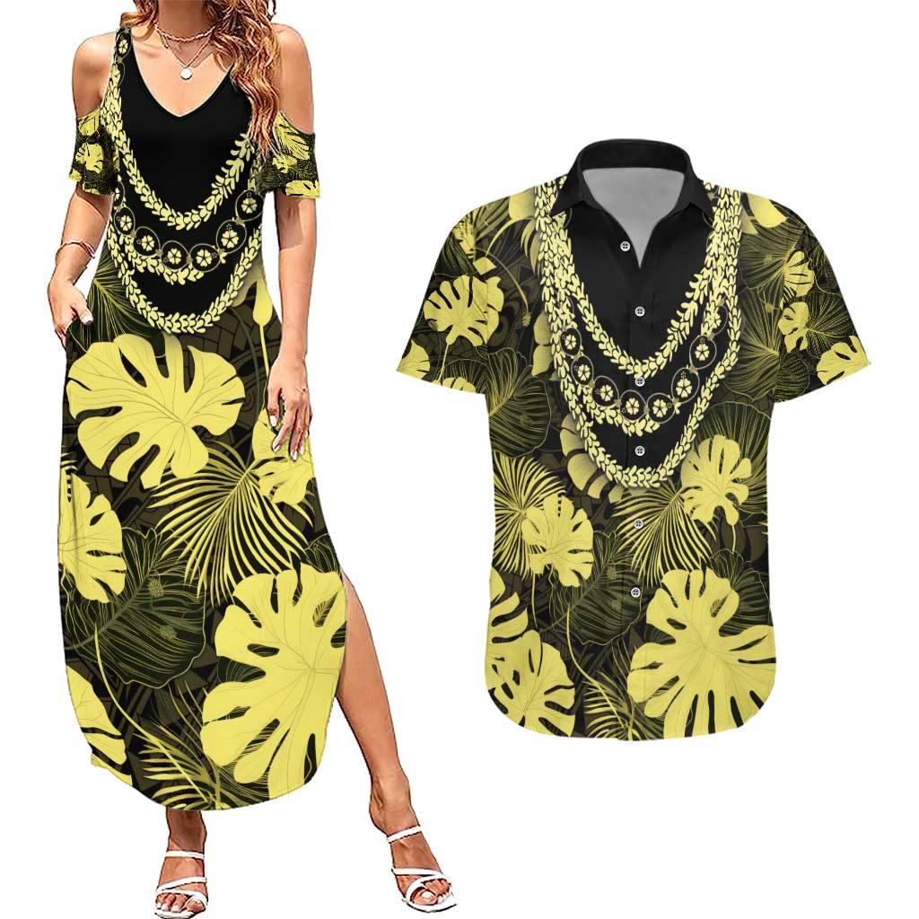 Yellow Hawaii Kukui Nut Lei Couples Matching Summer Maxi Dress and Hawaiian Shirt Hawaiian Pattern Monstera Tropical Vibes - Polynesian Pride