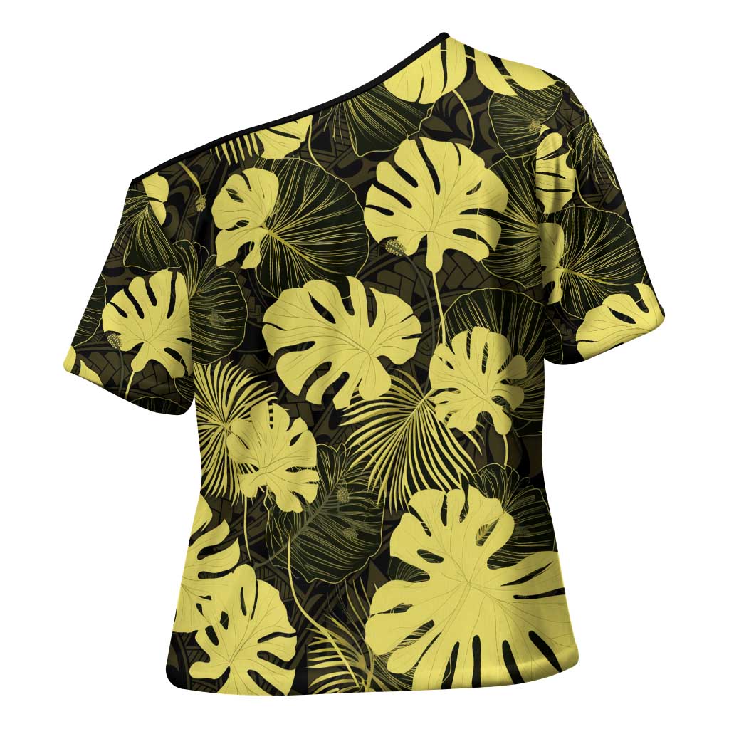 Yellow Hawaii Kukui Nut Lei Cross Shoulder Shirt Hawaiian Pattern Monstera Tropical Vibes - Polynesian Pride
