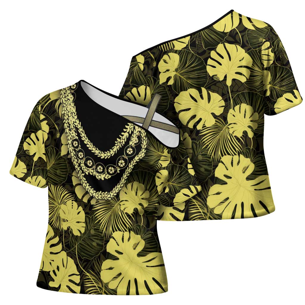 Yellow Hawaii Kukui Nut Lei Cross Shoulder Shirt Hawaiian Pattern Monstera Tropical Vibes - Polynesian Pride