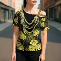 Yellow Hawaii Kukui Nut Lei Cross Shoulder Shirt Hawaiian Pattern Monstera Tropical Vibes - Polynesian Pride