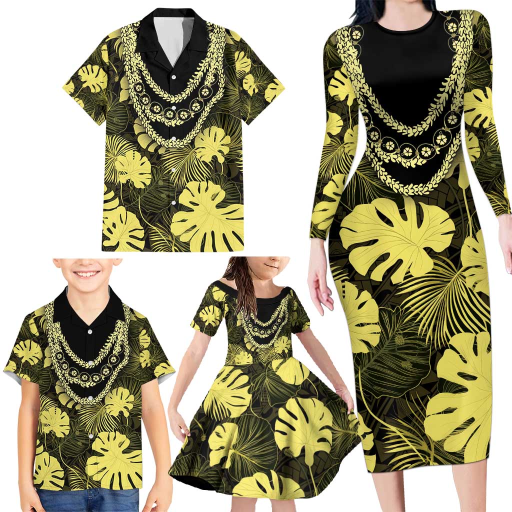 Yellow Hawaii Kukui Nut Lei Family Matching Long Sleeve Bodycon Dress and Hawaiian Shirt Hawaiian Pattern Monstera Tropical Vibes - Polynesian Pride