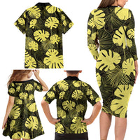 Yellow Hawaii Kukui Nut Lei Family Matching Long Sleeve Bodycon Dress and Hawaiian Shirt Hawaiian Pattern Monstera Tropical Vibes - Polynesian Pride