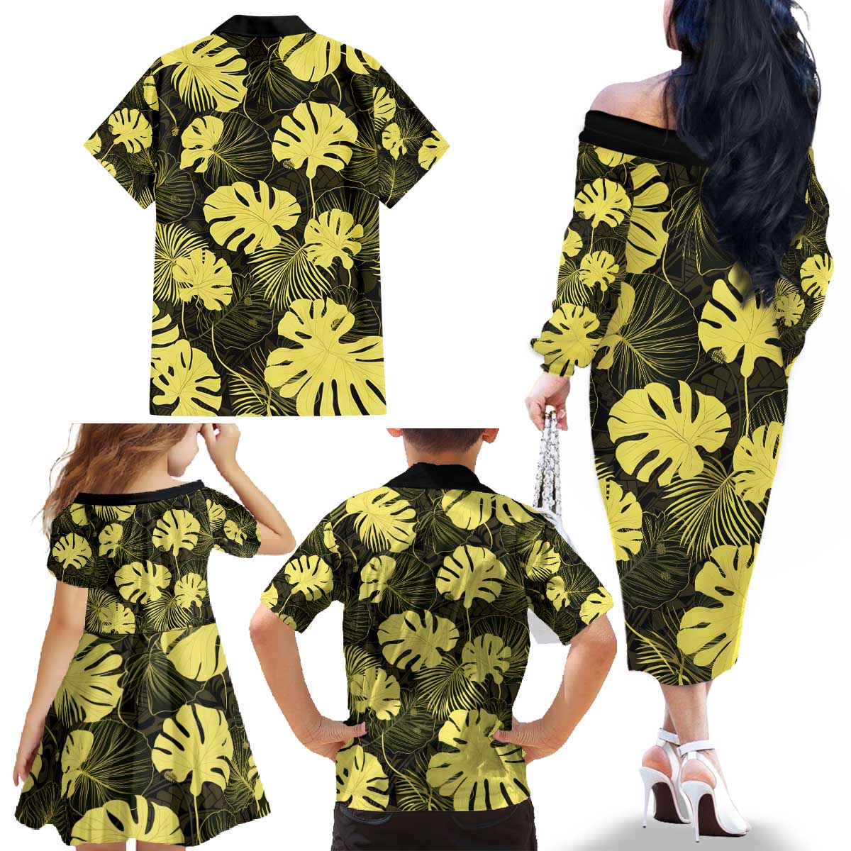 Yellow Hawaii Kukui Nut Lei Family Matching Off The Shoulder Long Sleeve Dress and Hawaiian Shirt Hawaiian Pattern Monstera Tropical Vibes - Polynesian Pride