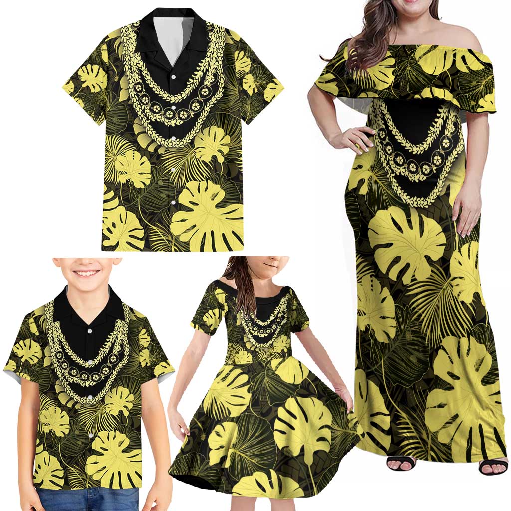 Yellow Hawaii Kukui Nut Lei Family Matching Off Shoulder Maxi Dress and Hawaiian Shirt Hawaiian Pattern Monstera Tropical Vibes - Polynesian Pride