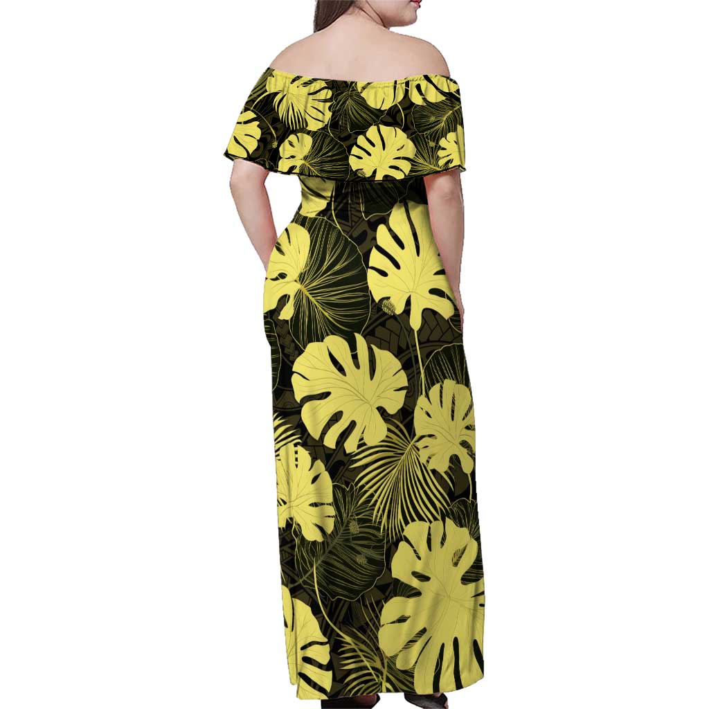 Yellow Hawaii Kukui Nut Lei Family Matching Off Shoulder Maxi Dress and Hawaiian Shirt Hawaiian Pattern Monstera Tropical Vibes - Polynesian Pride