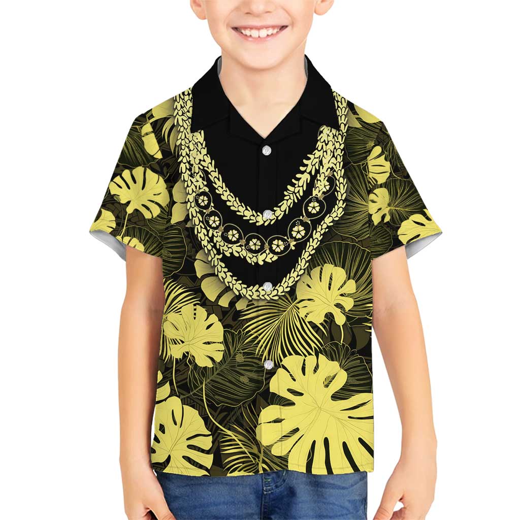 Yellow Hawaii Kukui Nut Lei Family Matching Off Shoulder Maxi Dress and Hawaiian Shirt Hawaiian Pattern Monstera Tropical Vibes - Polynesian Pride