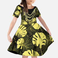 Yellow Hawaii Kukui Nut Lei Family Matching Short Sleeve Bodycon Dress and Hawaiian Shirt Hawaiian Pattern Monstera Tropical Vibes - Polynesian Pride