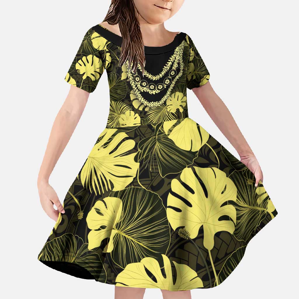 Yellow Hawaii Kukui Nut Lei Family Matching Summer Maxi Dress and Hawaiian Shirt Hawaiian Pattern Monstera Tropical Vibes - Polynesian Pride