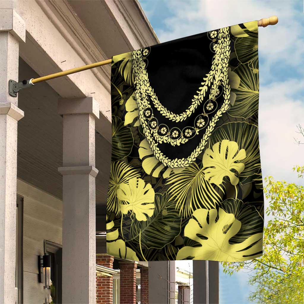 Yellow Hawaii Kukui Nut Lei Garden Flag Hawaiian Pattern Monstera Tropical Vibes - Polynesian Pride