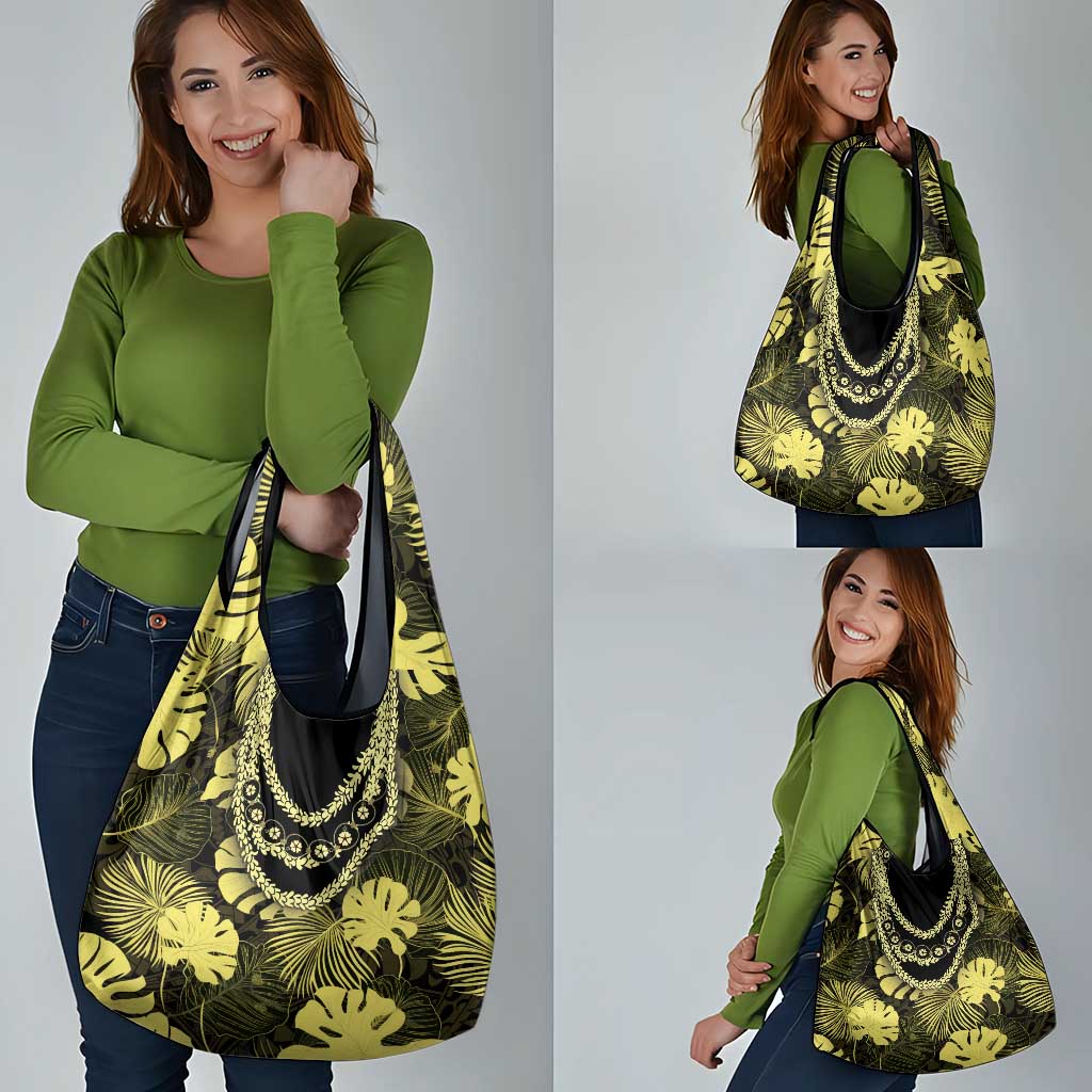 Yellow Hawaii Kukui Nut Lei Grocery Bag Hawaiian Pattern Monstera Tropical Vibes - Polynesian Pride