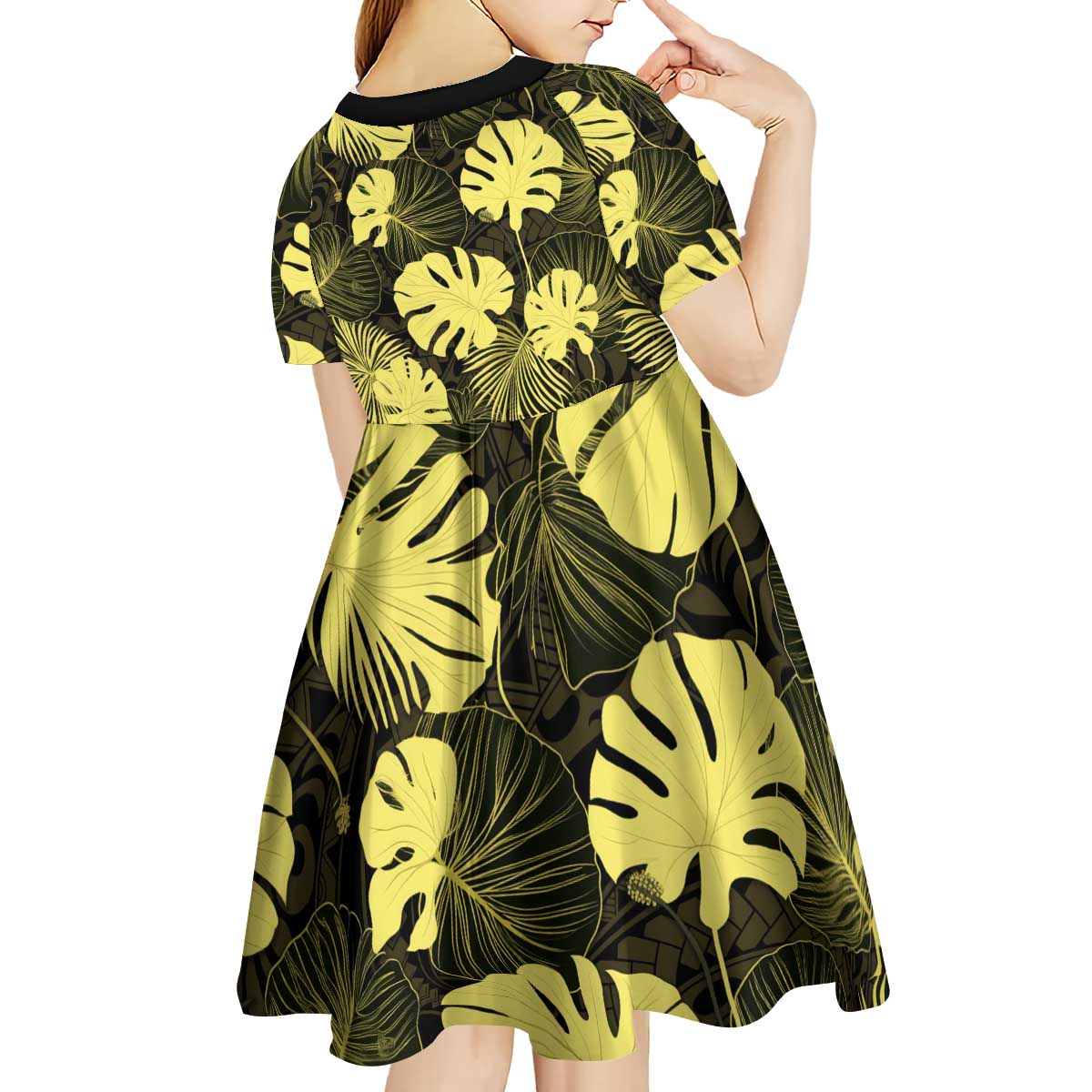 Yellow Hawaii Kukui Nut Lei Kid Short Sleeve Dress Hawaiian Pattern Monstera Tropical Vibes - Polynesian Pride
