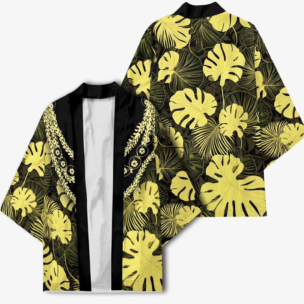 Yellow Hawaii Kukui Nut Lei Kimono Hawaiian Pattern Monstera Tropical Vibes - Polynesian Pride