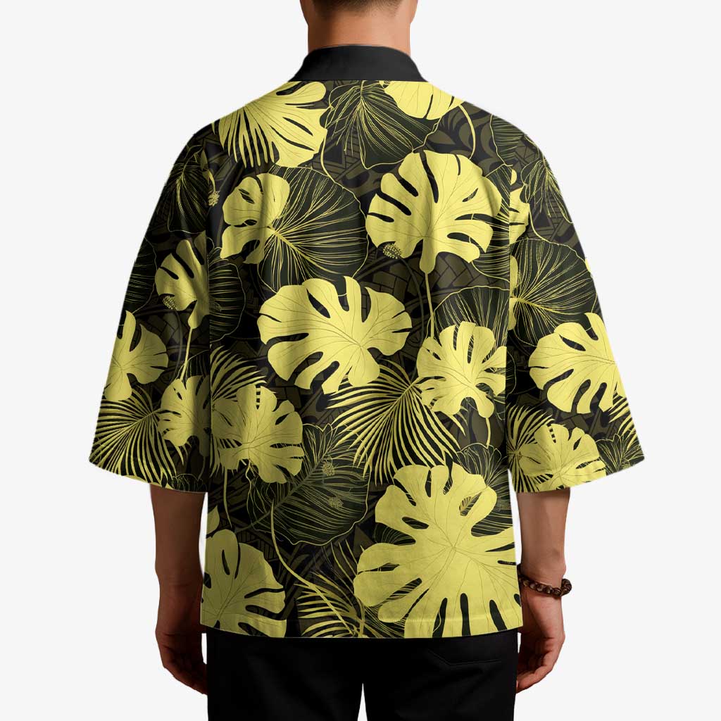 Yellow Hawaii Kukui Nut Lei Kimono Hawaiian Pattern Monstera Tropical Vibes - Polynesian Pride