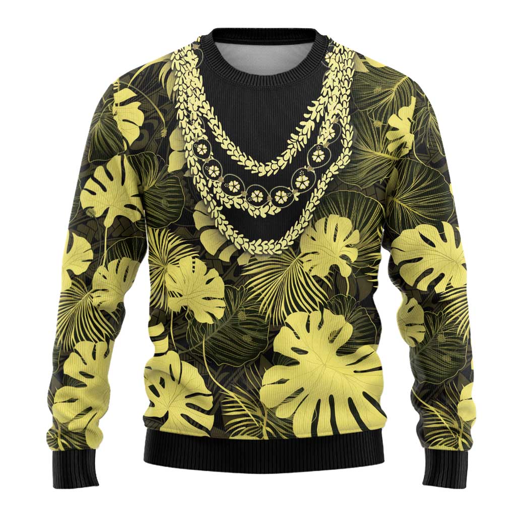 Yellow Hawaii Kukui Nut Lei Ugly Christmas Sweater Hawaiian Pattern Monstera Tropical Vibes - Polynesian Pride