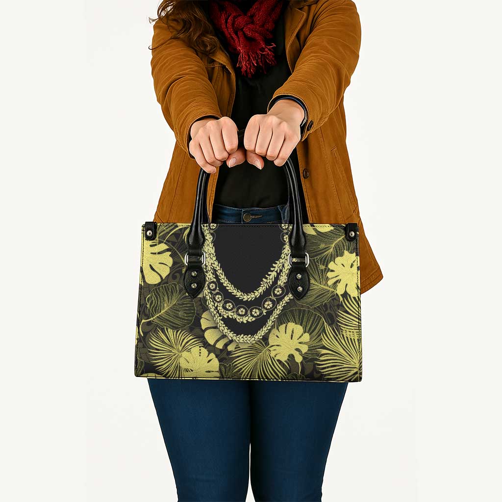 Yellow Hawaii Kukui Nut Lei Leather Bag Hawaiian Pattern Monstera Tropical Vibes - Polynesian Pride