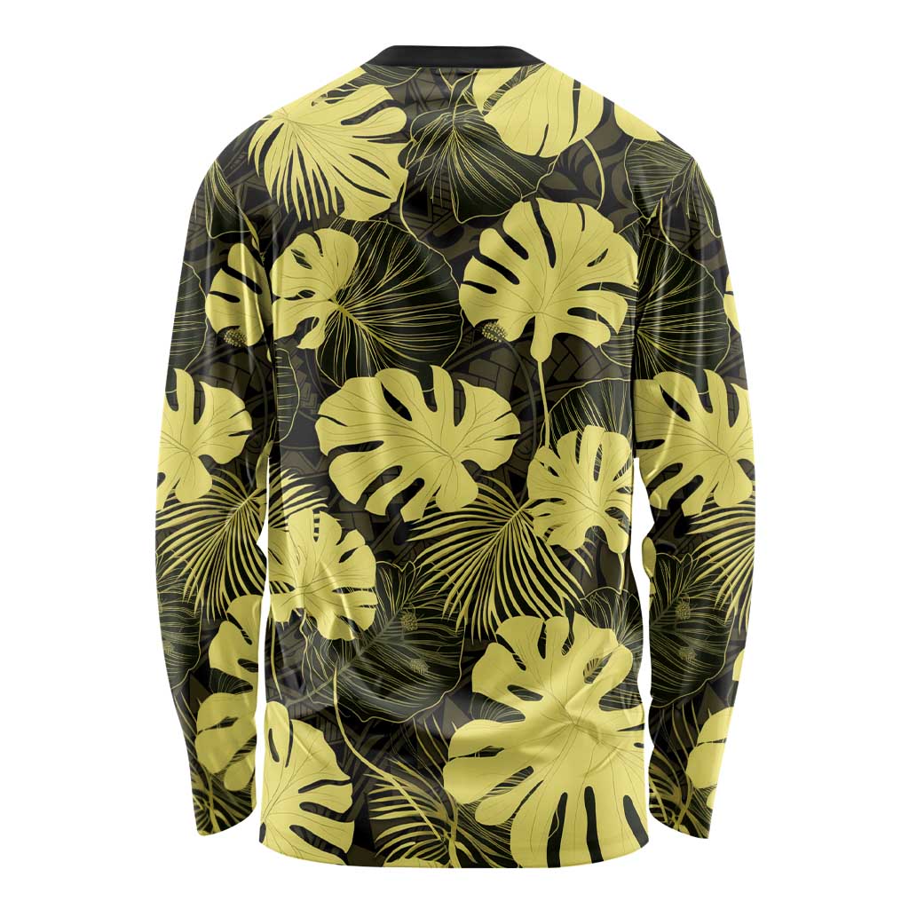 Yellow Hawaii Kukui Nut Lei Long Sleeve Shirt Hawaiian Pattern Monstera Tropical Vibes - Polynesian Pride