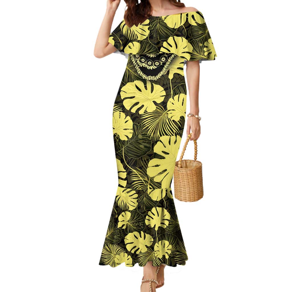 Yellow Hawaii Kukui Nut Lei Mermaid Dress Hawaiian Pattern Monstera Tropical Vibes - Polynesian Pride