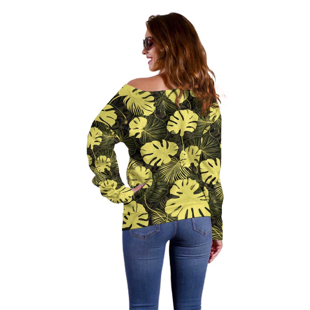 Yellow Hawaii Kukui Nut Lei Off Shoulder Sweater Hawaiian Pattern Monstera Tropical Vibes - Polynesian Pride