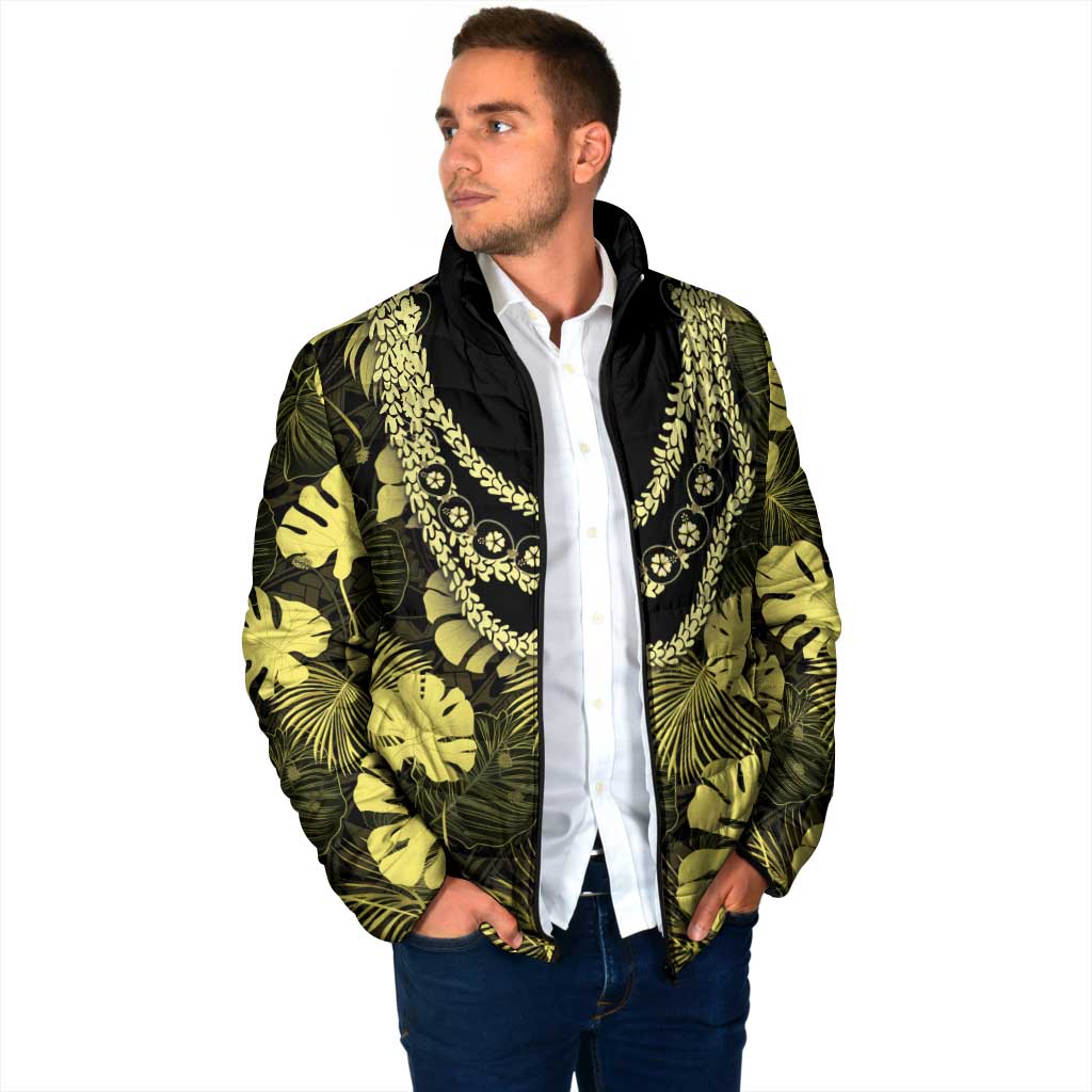 Yellow Hawaii Kukui Nut Lei Padded Jacket Hawaiian Pattern Monstera Tropical Vibes - Polynesian Pride