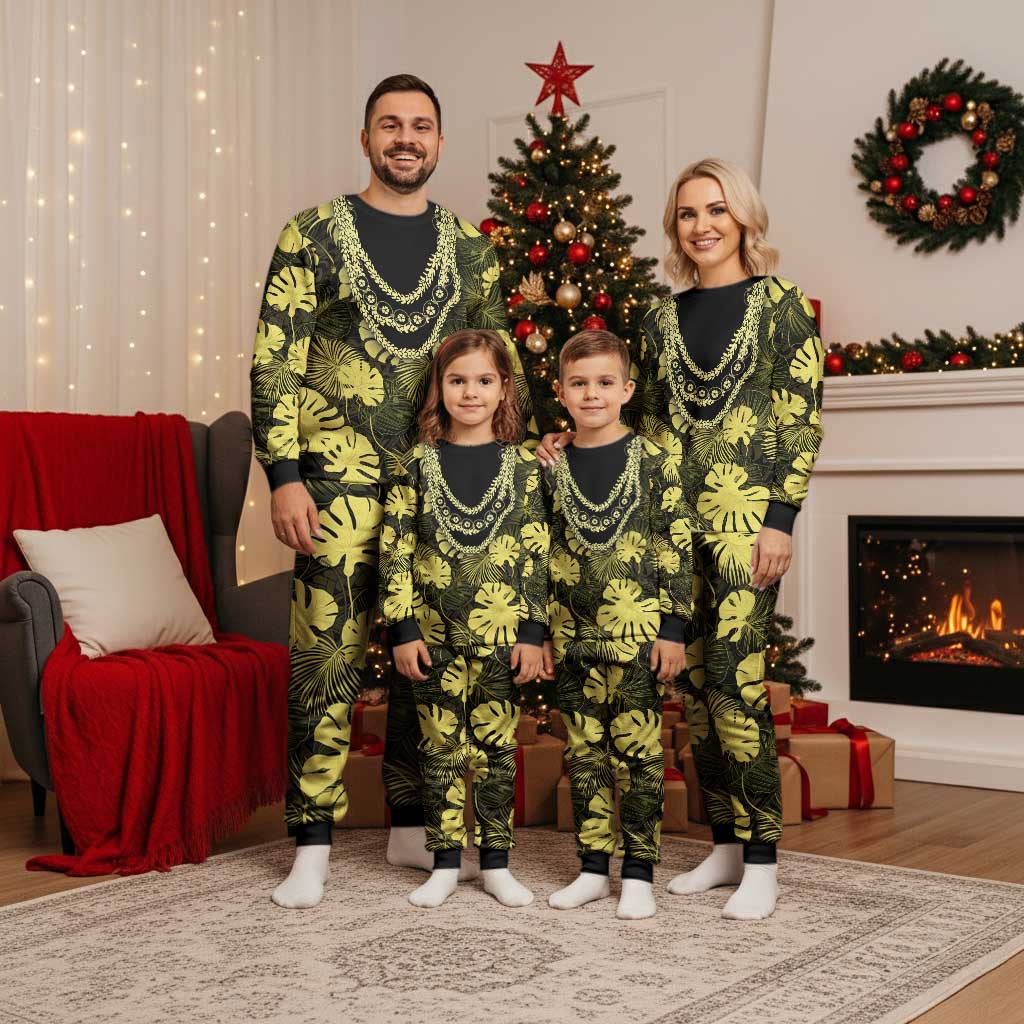 Yellow Hawaii Kukui Nut Lei Christmas Pajama Set Hawaiian Pattern Monstera Tropical Vibes - Polynesian Pride