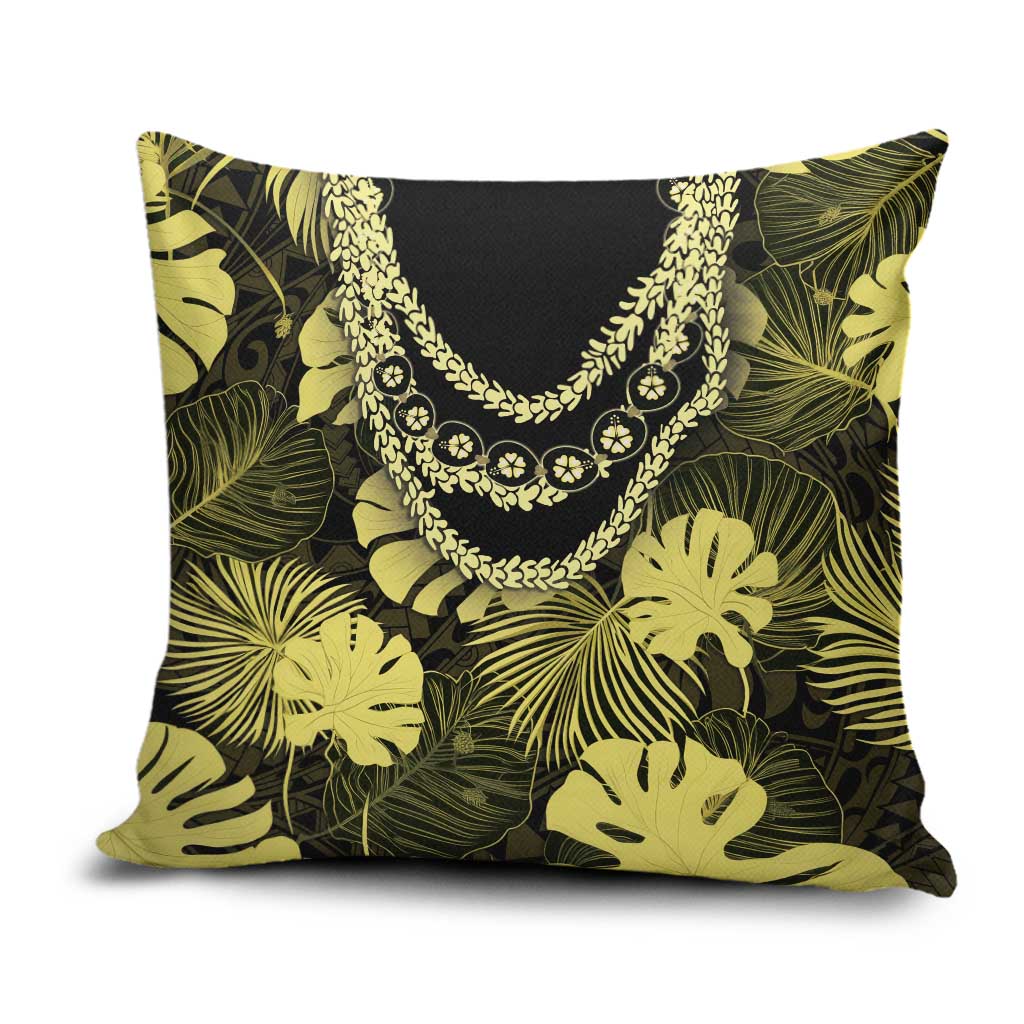 Yellow Hawaii Kukui Nut Lei Pillow Cover Hawaiian Pattern Monstera Tropical Vibes - Polynesian Pride