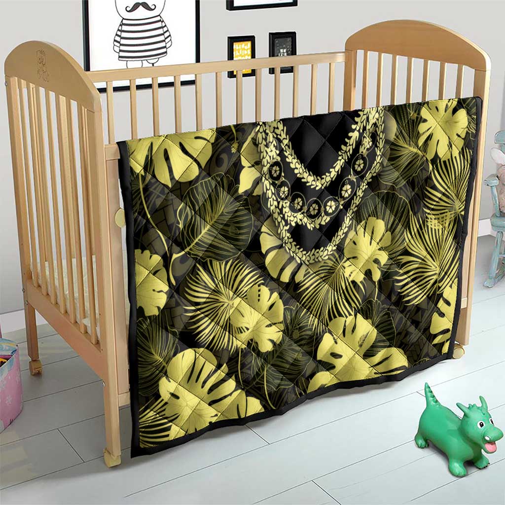 Yellow Hawaii Kukui Nut Lei Quilt Hawaiian Pattern Monstera Tropical Vibes - Polynesian Pride