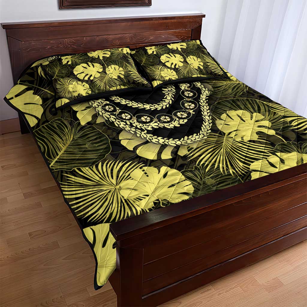 Yellow Hawaii Kukui Nut Lei Quilt Bed Set Hawaiian Pattern Monstera Tropical Vibes - Polynesian Pride