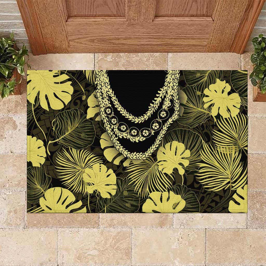 Yellow Hawaii Kukui Nut Lei Rubber Doormat Hawaiian Pattern Monstera Tropical Vibes - Polynesian Pride