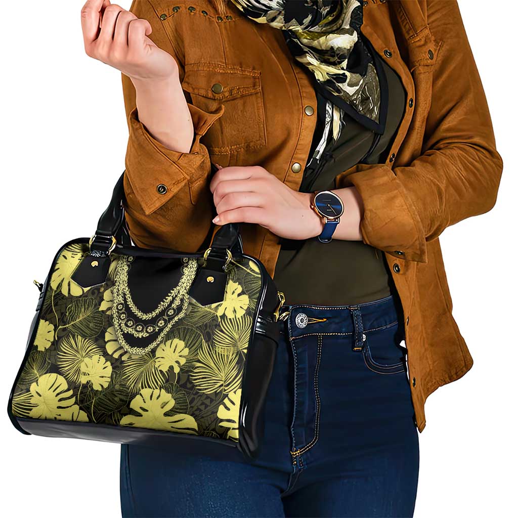Yellow Hawaii Kukui Nut Lei Shoulder Handbag Hawaiian Pattern Monstera Tropical Vibes - Polynesian Pride