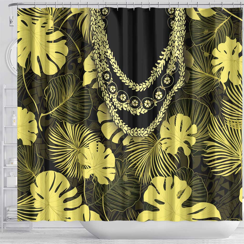 Yellow Hawaii Kukui Nut Lei Shower Curtain Hawaiian Pattern Monstera Tropical Vibes - Polynesian Pride