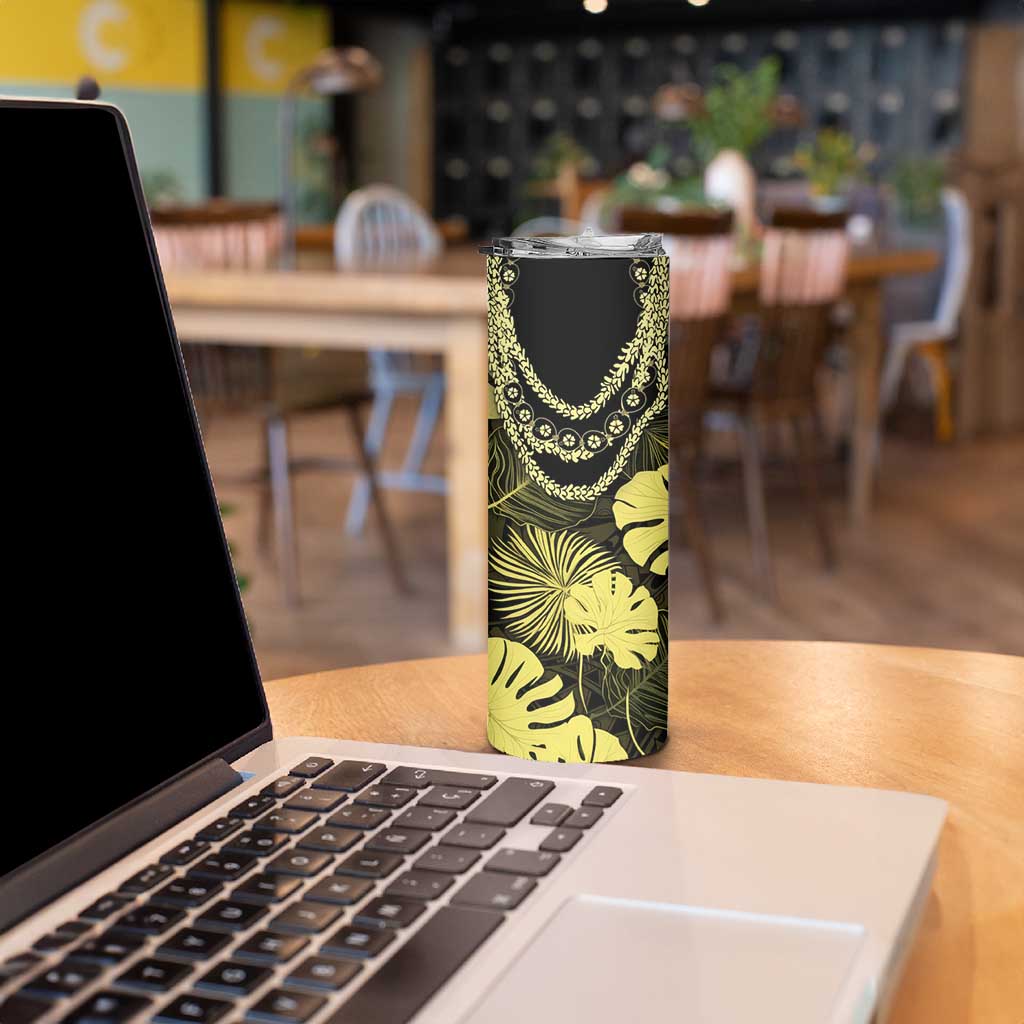 Yellow Hawaii Kukui Nut Lei Skinny Tumbler Hawaiian Pattern Monstera Tropical Vibes - Polynesian Pride