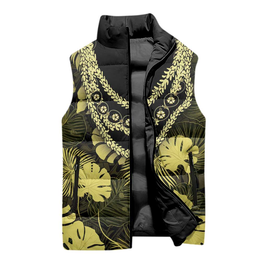 Yellow Hawaii Kukui Nut Lei Sleeveless Puffer Jacket Hawaiian Pattern Monstera Tropical Vibes - Polynesian Pride