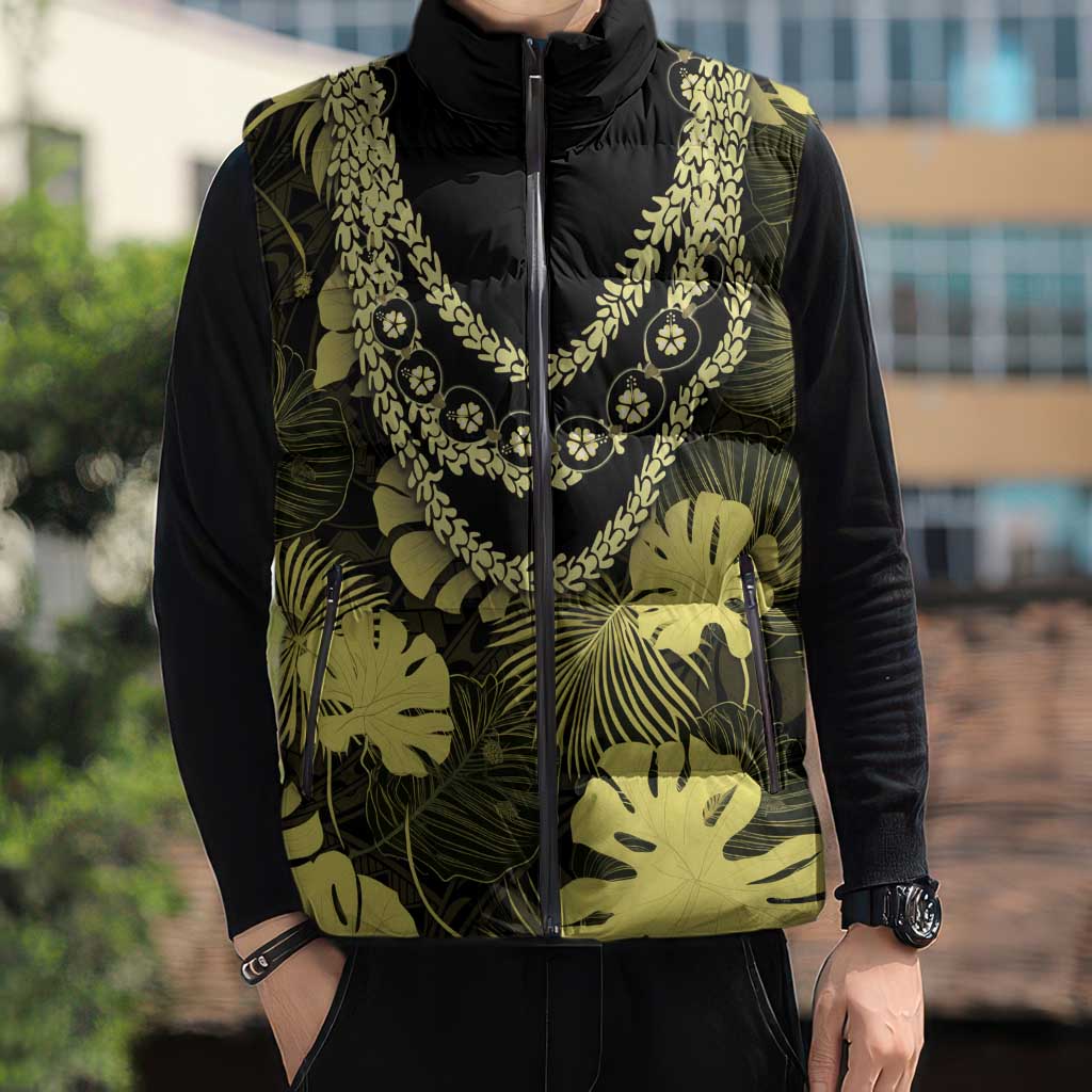 Yellow Hawaii Kukui Nut Lei Sleeveless Puffer Jacket Hawaiian Pattern Monstera Tropical Vibes - Polynesian Pride