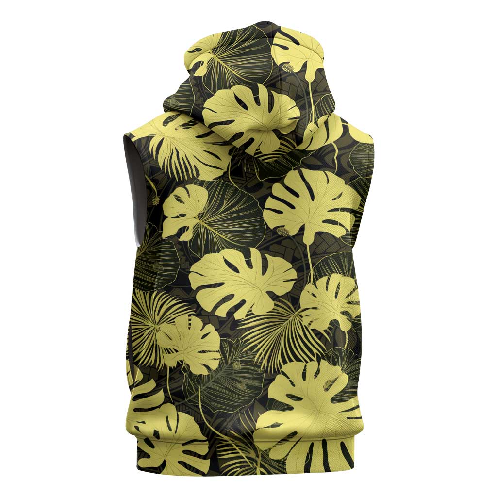 Yellow Hawaii Kukui Nut Lei Sleeveless Zip Hoodie Hawaiian Pattern Monstera Tropical Vibes - Polynesian Pride