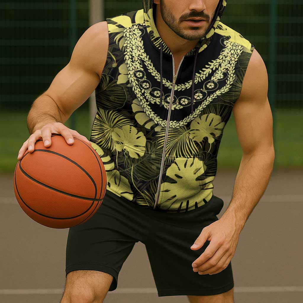 Yellow Hawaii Kukui Nut Lei Sleeveless Zip Hoodie Hawaiian Pattern Monstera Tropical Vibes - Polynesian Pride