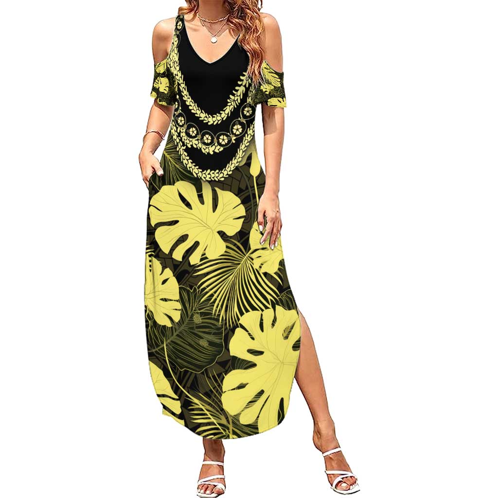 Yellow Hawaii Kukui Nut Lei Summer Maxi Dress Hawaiian Pattern Monstera Tropical Vibes - Polynesian Pride