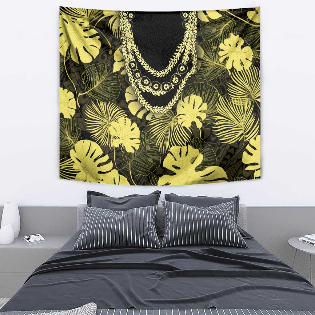 Yellow Hawaii Kukui Nut Lei Tapestry Hawaiian Pattern Monstera Tropical Vibes - Polynesian Pride