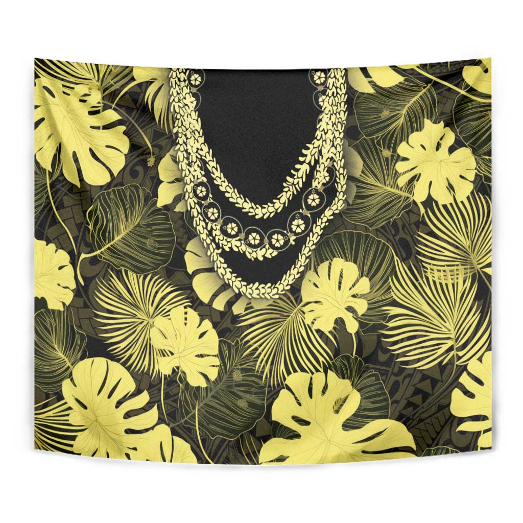 Yellow Hawaii Kukui Nut Lei Tapestry Hawaiian Pattern Monstera Tropical Vibes - Polynesian Pride