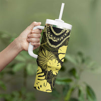 Yellow Hawaii Kukui Nut Lei Tumbler With Handle Hawaiian Pattern Monstera Tropical Vibes - Polynesian Pride