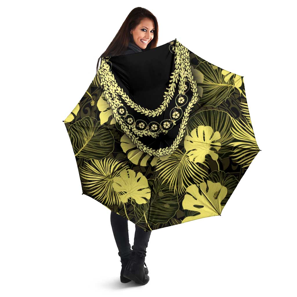 Yellow Hawaii Kukui Nut Lei Umbrella Hawaiian Pattern Monstera Tropical Vibes - Polynesian Pride