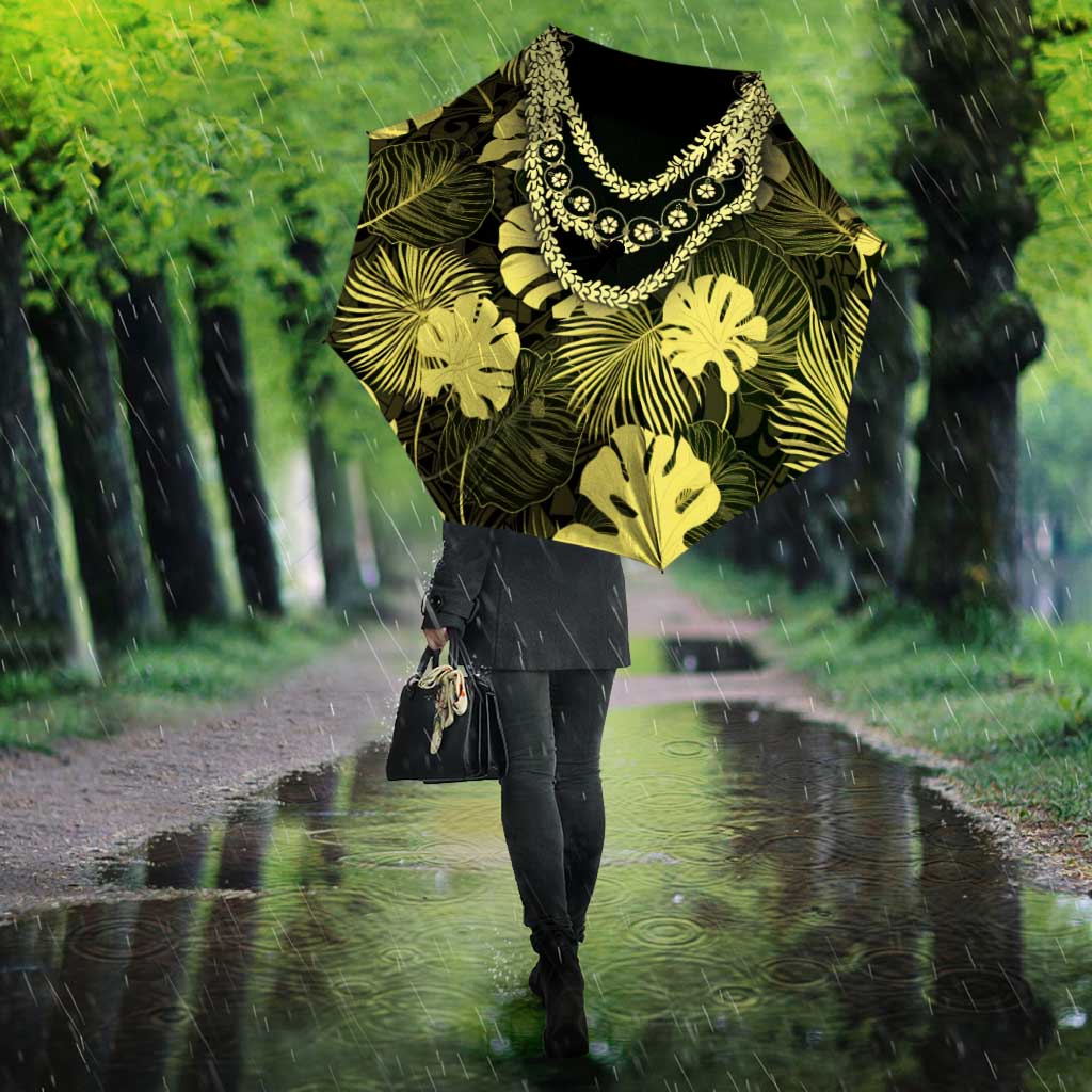 Yellow Hawaii Kukui Nut Lei Umbrella Hawaiian Pattern Monstera Tropical Vibes - Polynesian Pride